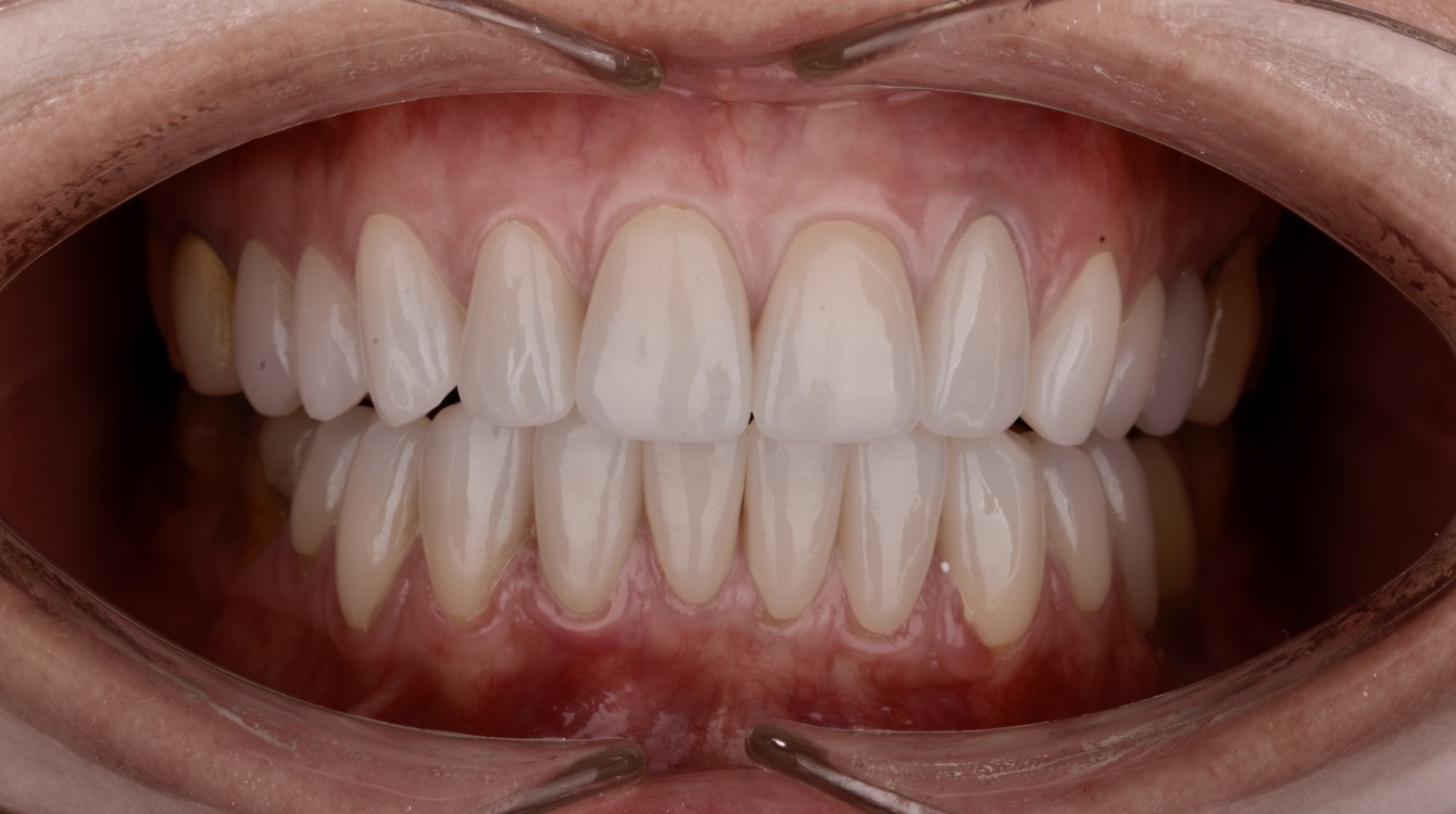 Intraoralna slika nakon funkcionalno-estetske protetske rehabilitacije s parodontološkom terapijom, prikazuje zdravo zubno meso i estetski obnovljene zube.