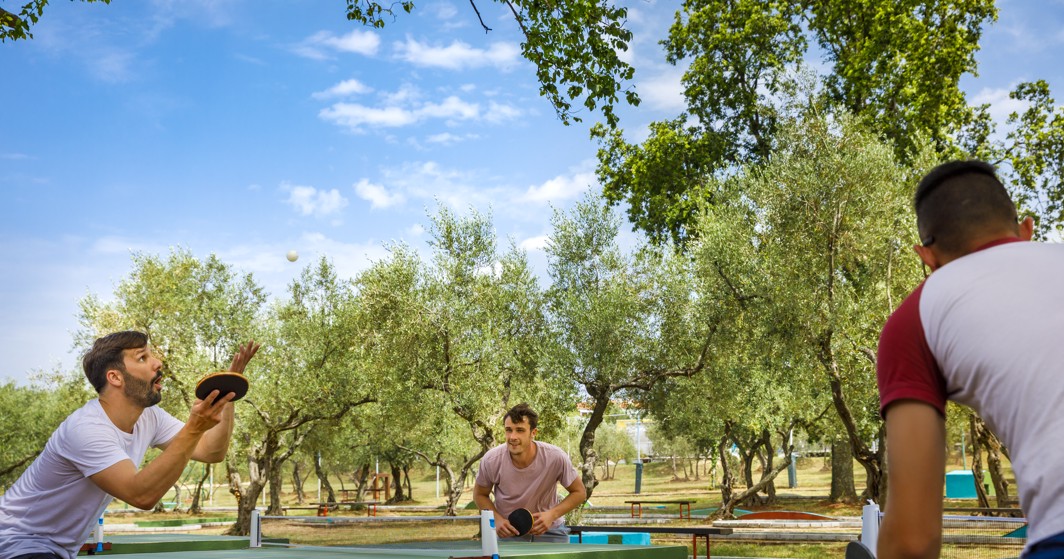 Eine Gruppe von Männern spielt Tischtennis mit Olivenbäumen im Hintergrund im Aminess Planet Camping Maravea Resort, Novigrad Kroatien