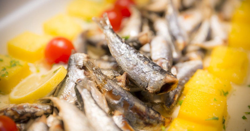 Detaljni prikaz gurmanskog jela s morskim plodovima posluženog u restoranu, s svježe pripremljenom ribom ukrašenom živopisnim žutim paprikama i cherry rajčicama u Maradiso Marko Polo by Aminess.