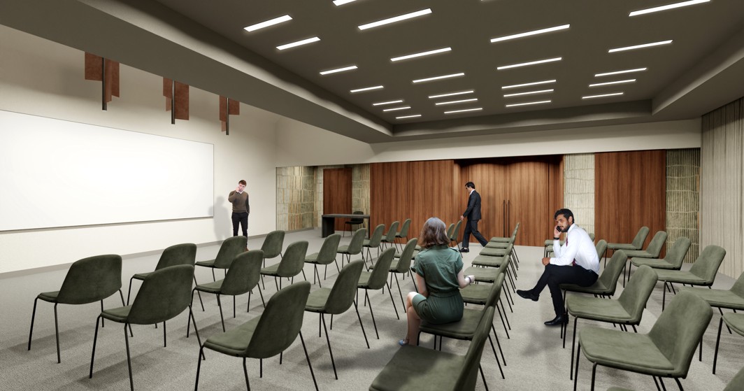 Hotel conference hall interior with rows of chairs for meetings