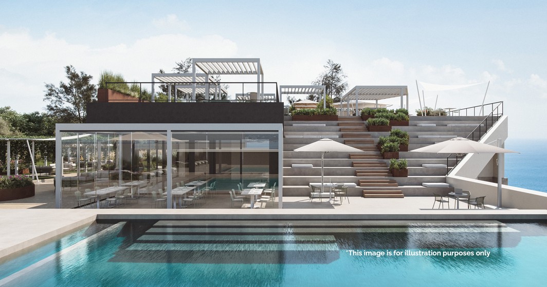 Vanjski infinity bazen s terasama i modernim lounge prostorom u resort okruženju s pogledom na more