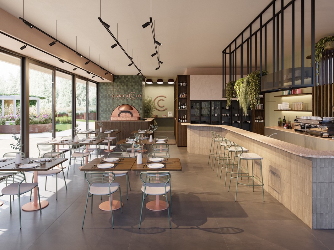 Modernes Interieur des Restaurants Il Cantuccio im Aminess Resort mit mediterranem Ambiente, offener Küche und stilvollem Essbereich