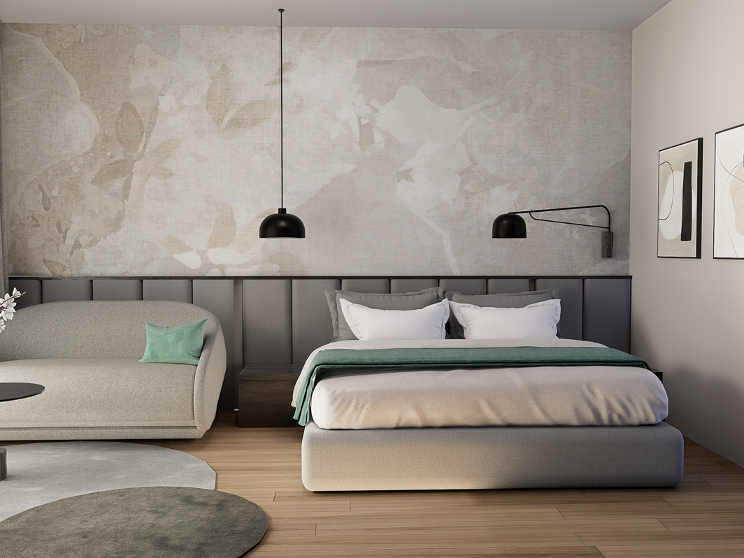 Innenraum eines Hotelzimmers mit modernem Bett und minimalistischem Design