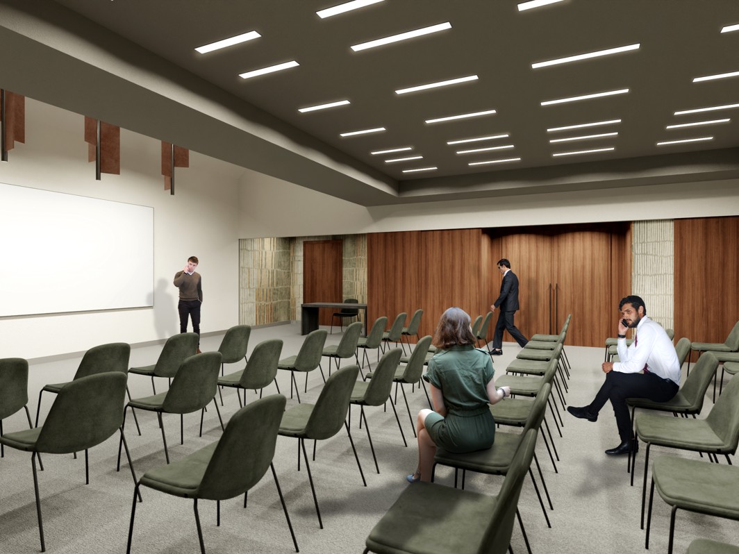 Interieur van een hotel conferentiezaal met rijen stoelen voor vergaderingen