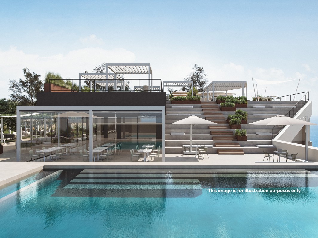 Zunanji infinity bazen s terasami in sodobnim lounge prostorom v letoviškem okolju s pogledom na morje