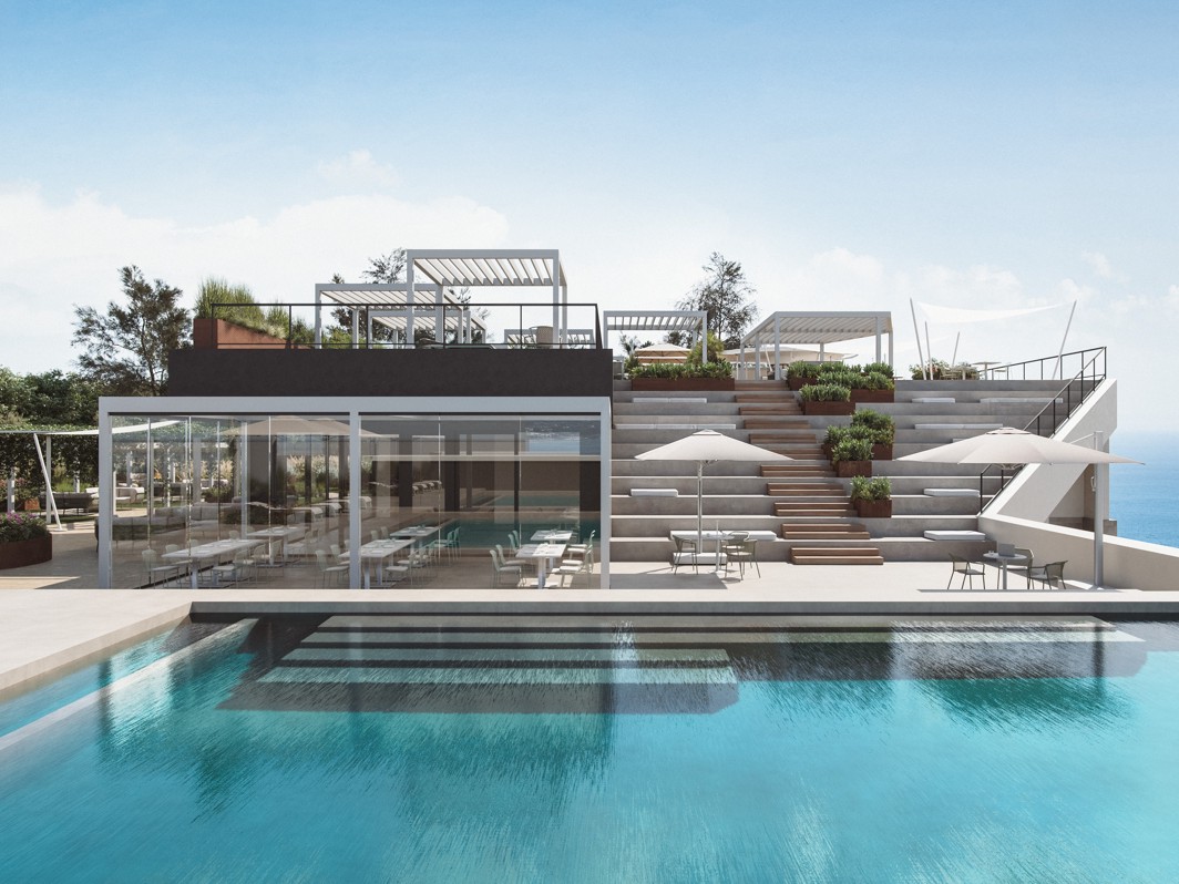 Außen-Infinity-Pool mit Terrassen und modernem Lounge-Bereich in Resort-Umgebung mit Meerblick