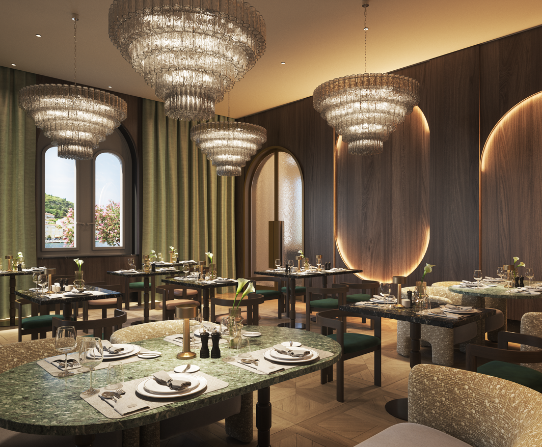 Refined interior of Younique Korčula Heritage Restaurant with elegantly set tables, crystal chandeliers and a warm atmosphere for a premium dining experience