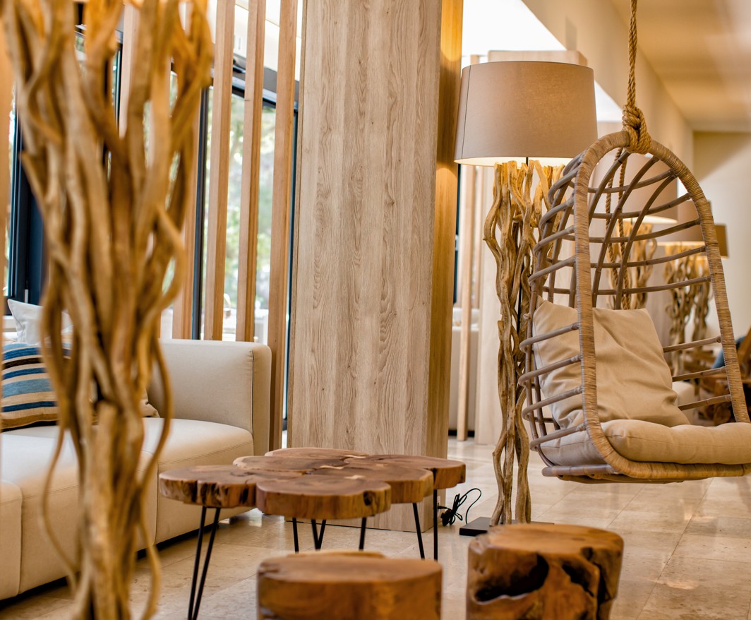 Hanging chair in the lobby area of the Aminess Younique Senses resort in HVar