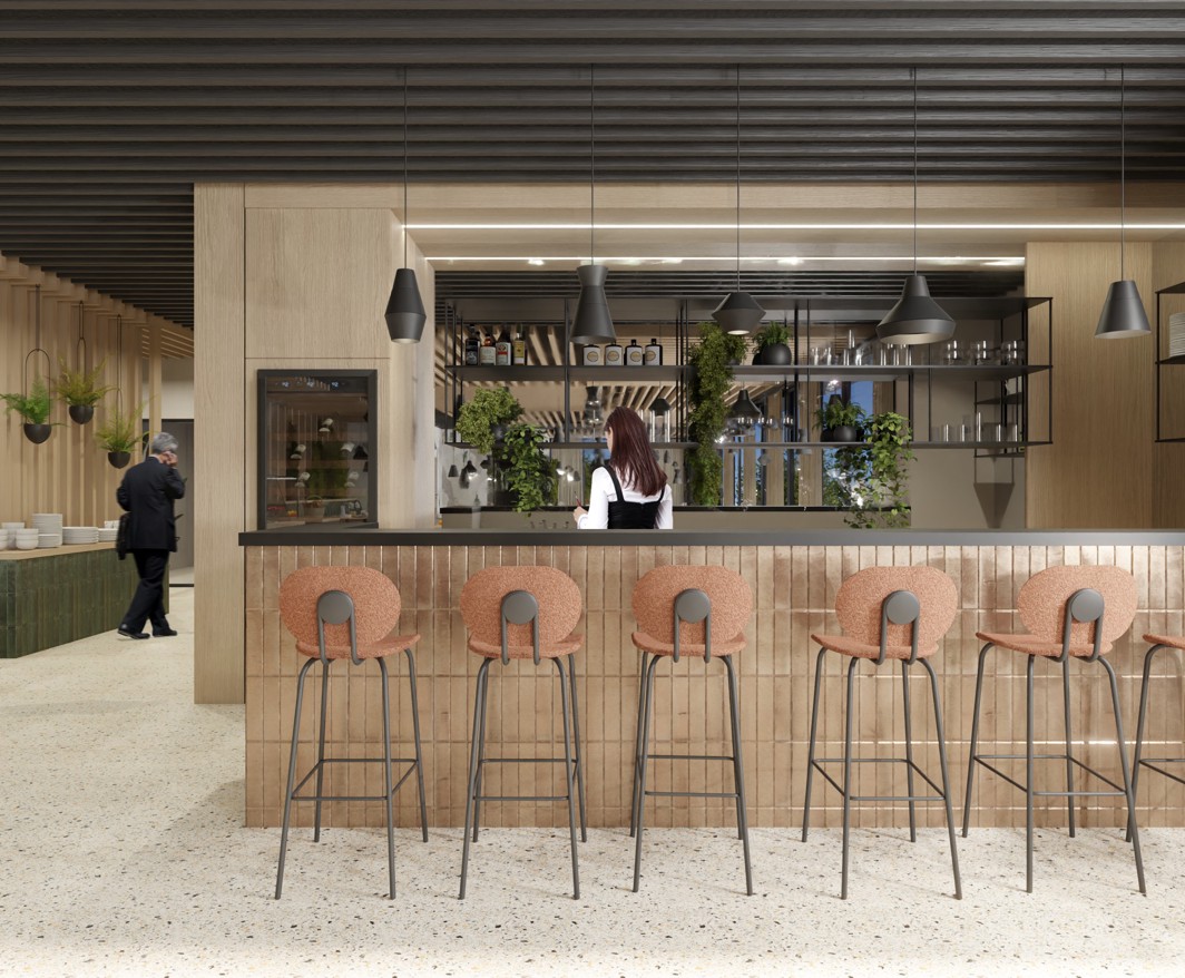 Hotel restaurant interior with bar counter and high chairs