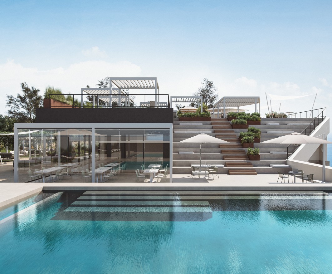 Piscina infinity all’aperto con terrazze e area lounge moderna in un contesto resort con vista mare