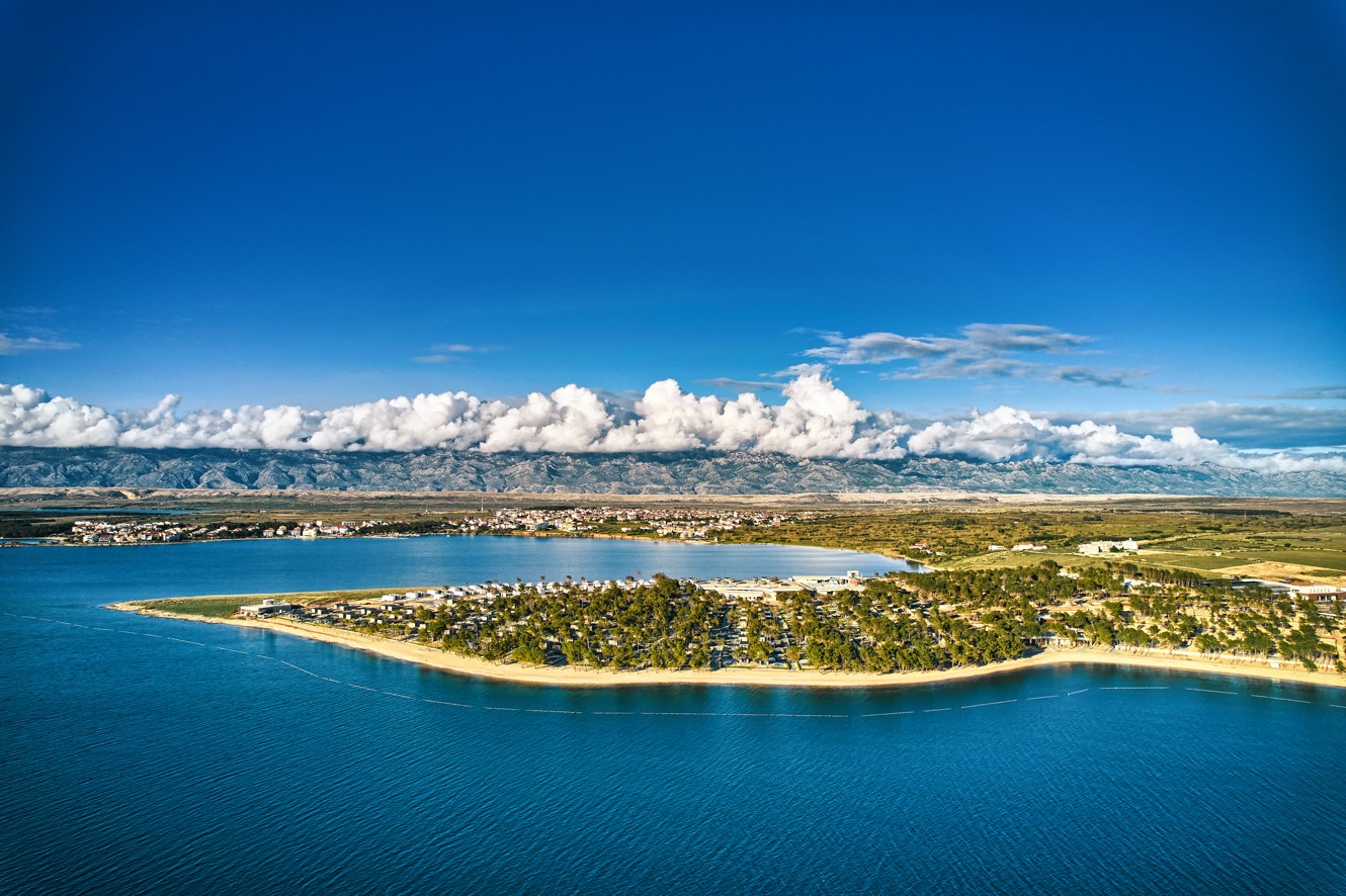 Panoramic view of Aminess Style Camping Avalona resort with clear sea.