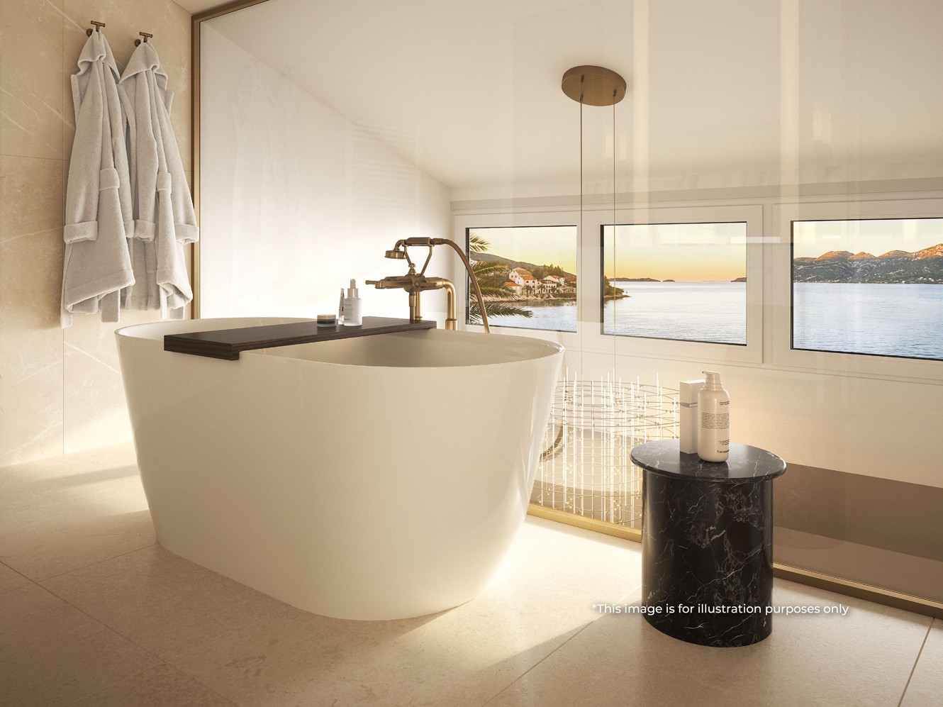 Luxury bathroom of the Deluxe Duplex Suite with sea view at Younique Korčula Heritage, featuring a freestanding bathtub and panoramic windows