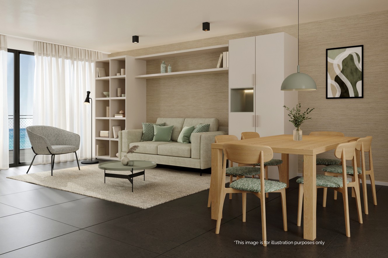 Family apartment at Younique Vollo Residence for 5 persons with sea view balcony, modern living area with dining space