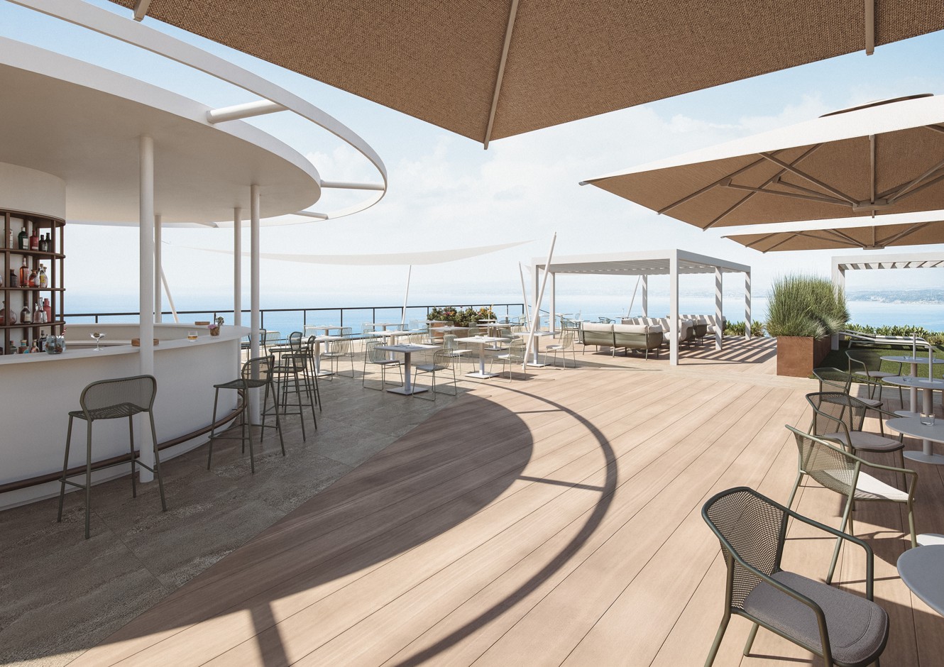 Terrazza panoramica del ristorante e bar Il Cantuccio con area lounge, zone d’ombra e vista aperta sul mare