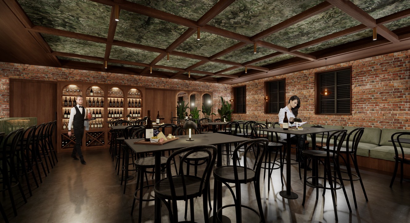 Hotel wine bar interior with wooden ceiling and wine shelves