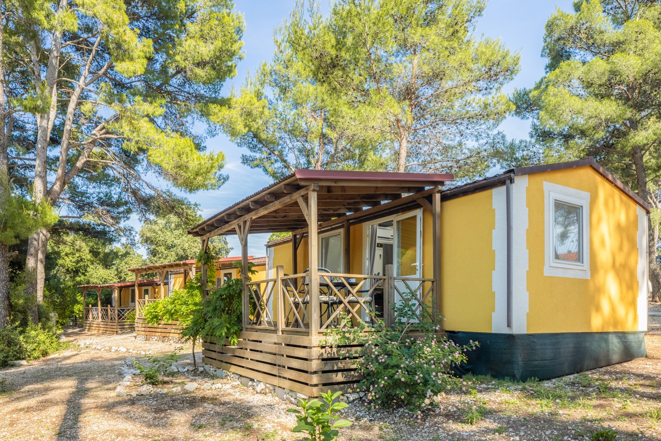 Stacaravan in de schaduw van bomen binnen Planet Camping Holiday Homes Port9, de perfecte plek voor een ontspannen vakantie.