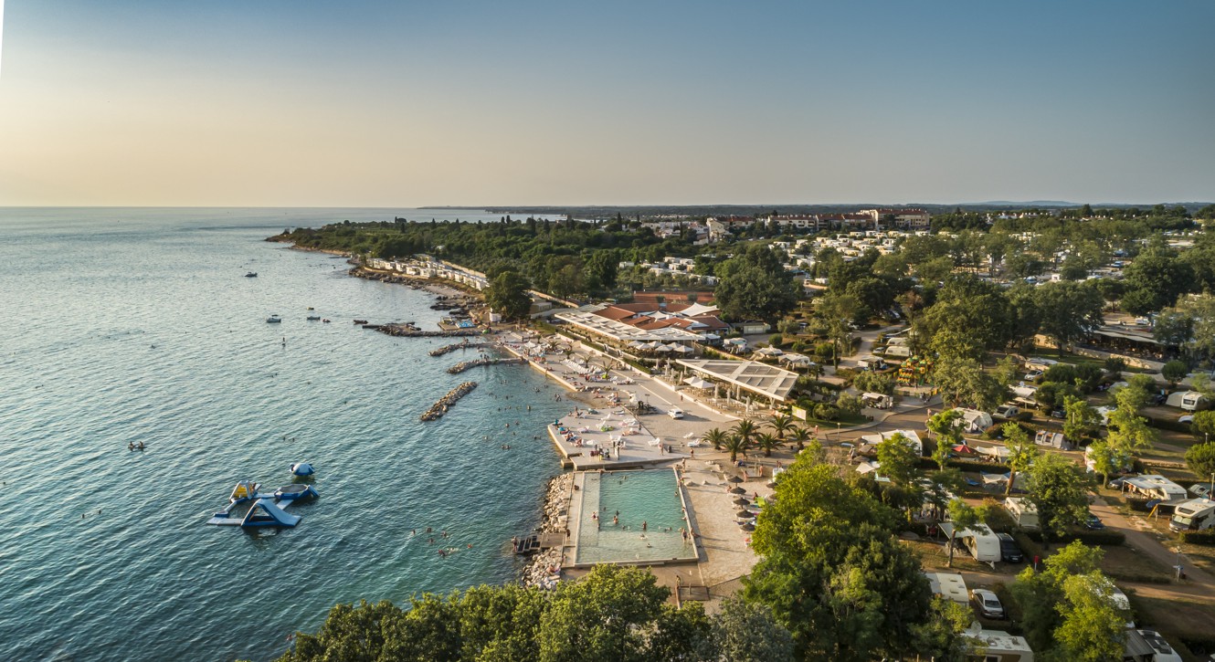 Aerial view of the beach and pool at Aminess Planet Camping Maravea, Novigrad