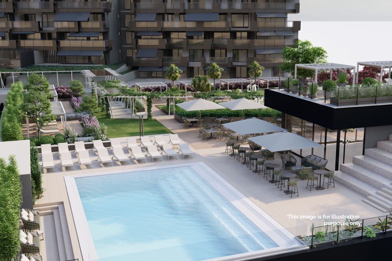 Elegantly designed Aminess outdoor area featuring a spacious pool, sun loungers and lush Mediterranean gardens.