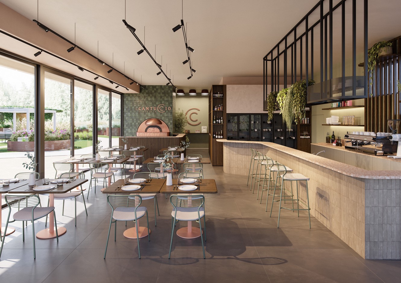 Interno moderno del ristorante Il Cantuccio nel resort Aminess con atmosfera mediterranea, cucina a vista e sala elegante