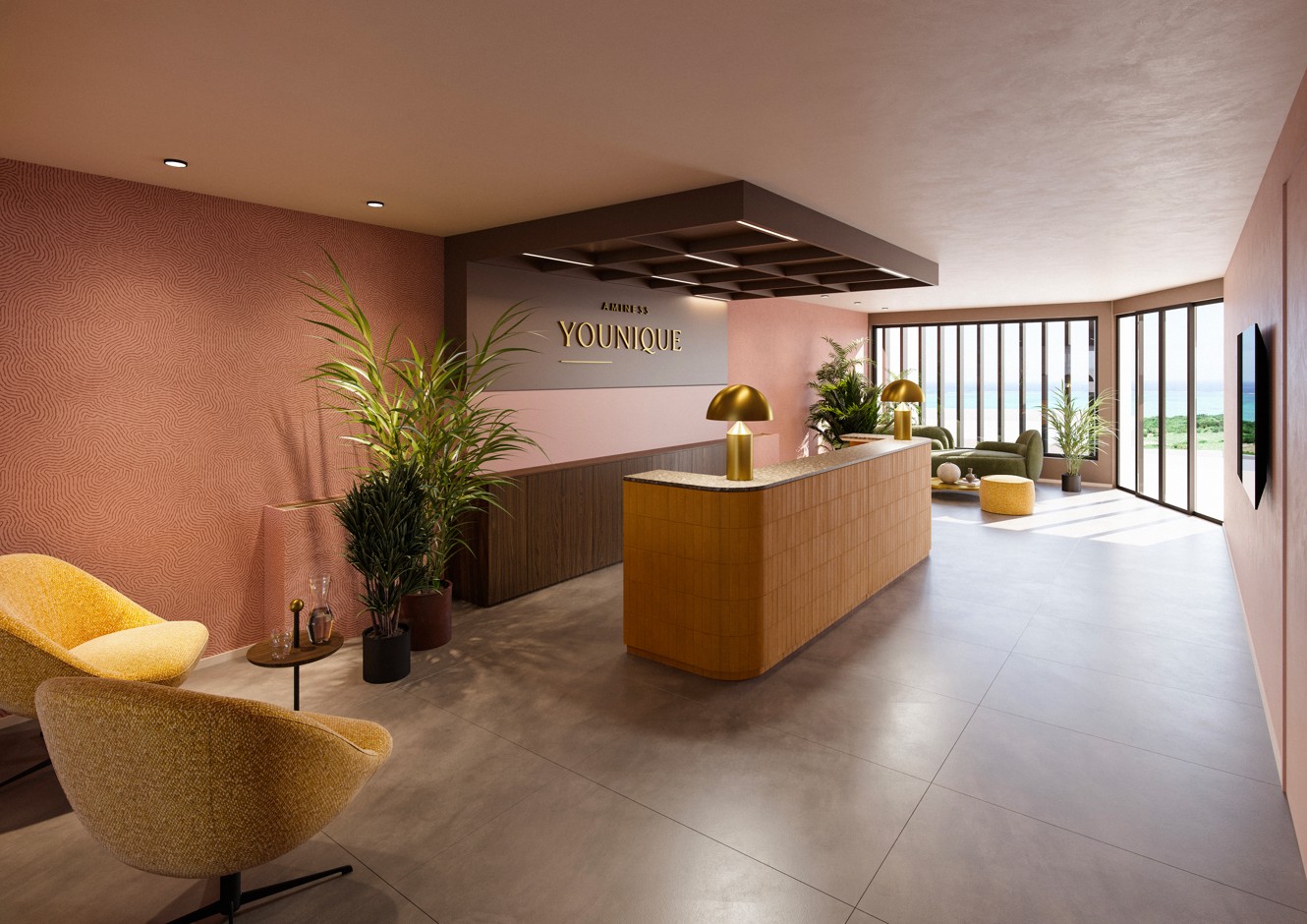 Reception moderna della residenza Aminess Younique con design caldo, luce naturale e accogliente area lounge