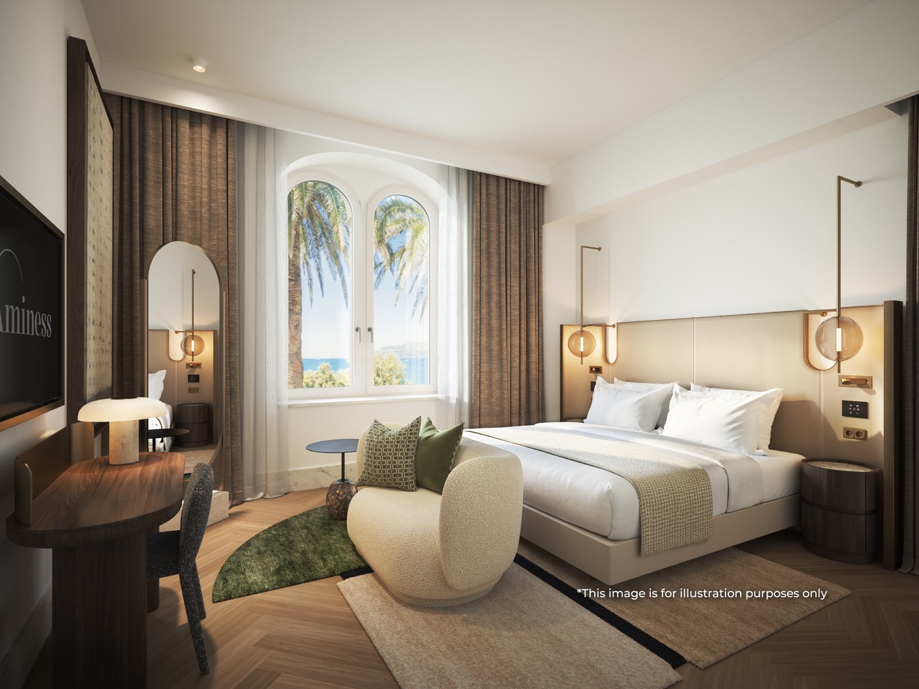 Elegant bedroom of the Superior double room seaside at Younique Korčula Heritage with sea view, a comfortable double bed and a warm atmosphere