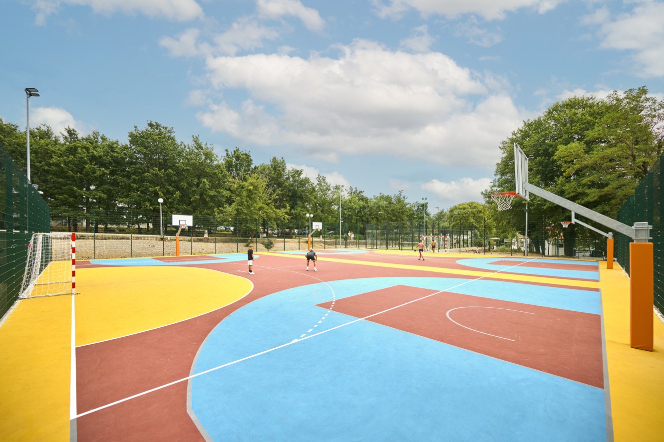 Kleurrijk multifunctioneel buitensportveld met basketbalringen, omgeven door bomen en hekwerk.
