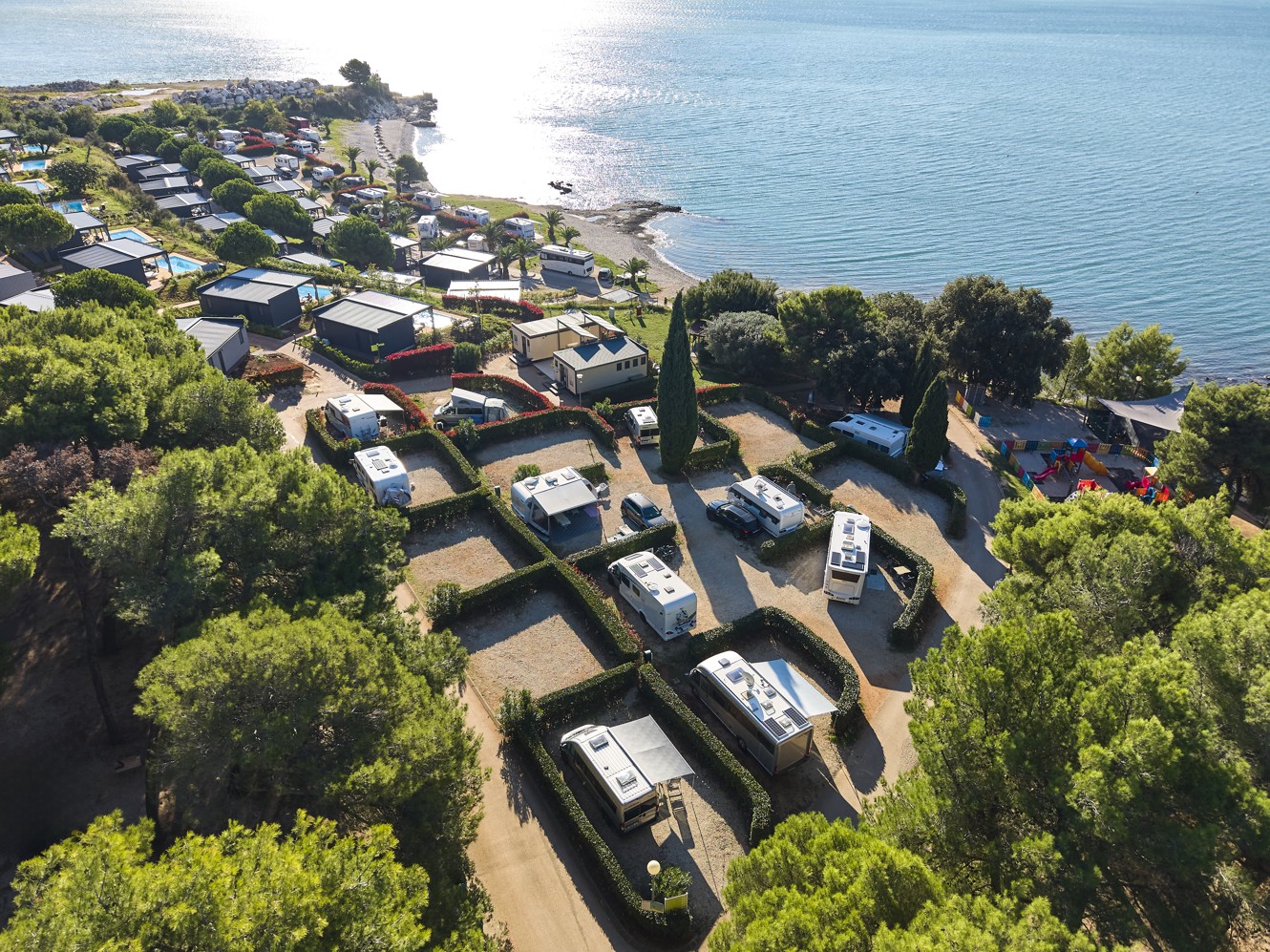 Panoramic view of Pitch Bella Vista at Aminess Style Camping Avalona Resort, overlooking the sea and surrounding nature, a perfect spot for relaxation and enjoying the holiday