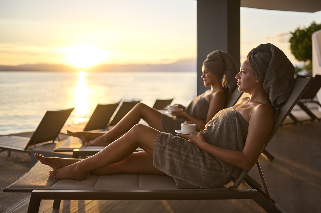 Dve ženski se sproščata na ležalnikih ob morju ob sončnem zahodu v Aminess Atea Resortu Krk