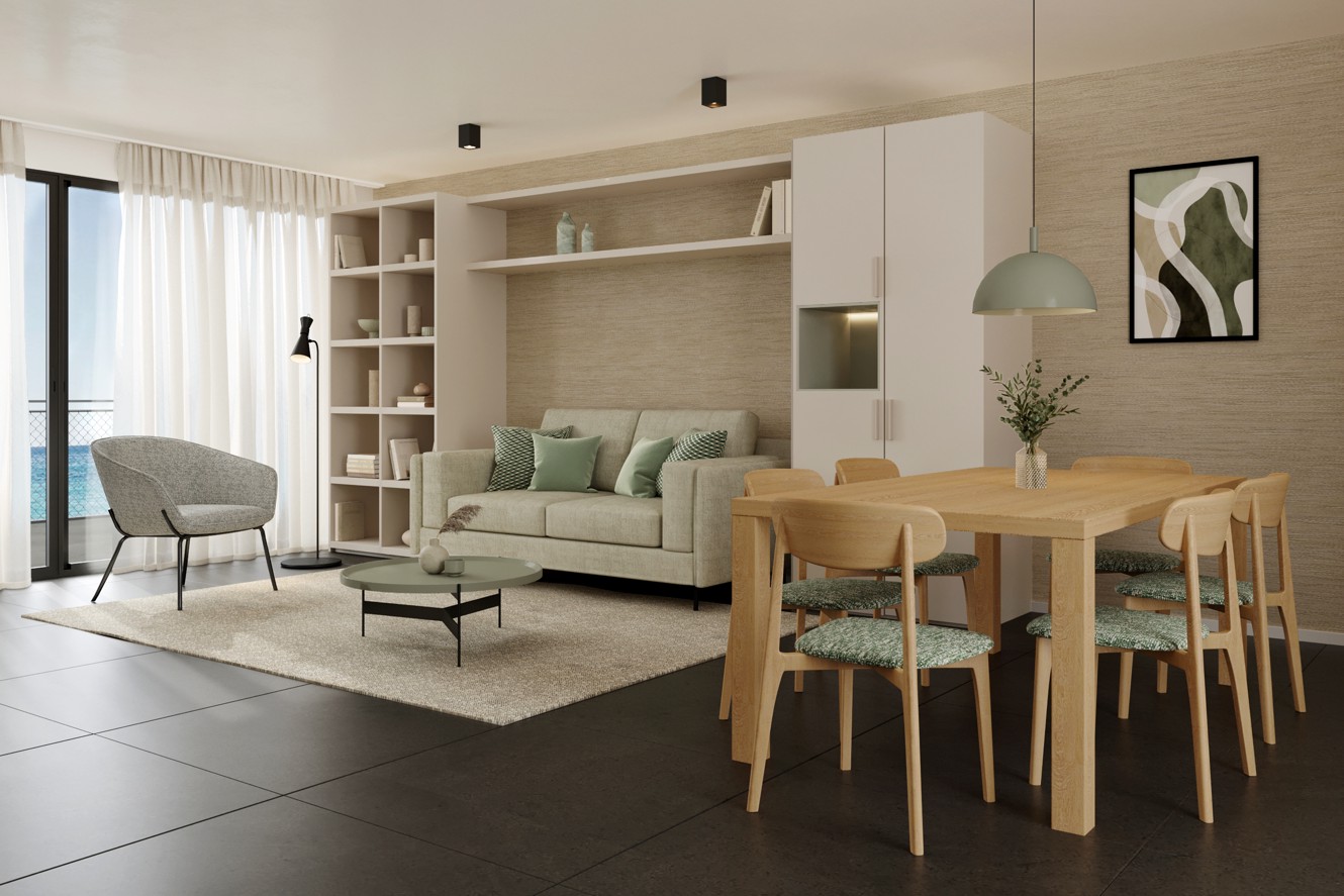 Appartamento familiare Younique Vollo Residence per 5 persone con balcone vista mare, zona giorno moderna con area pranzo