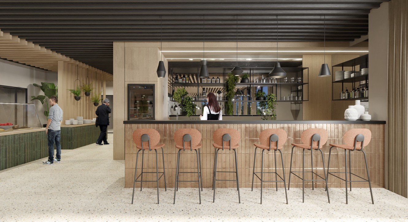 Hotel restaurant interior with bar counter and high chairs