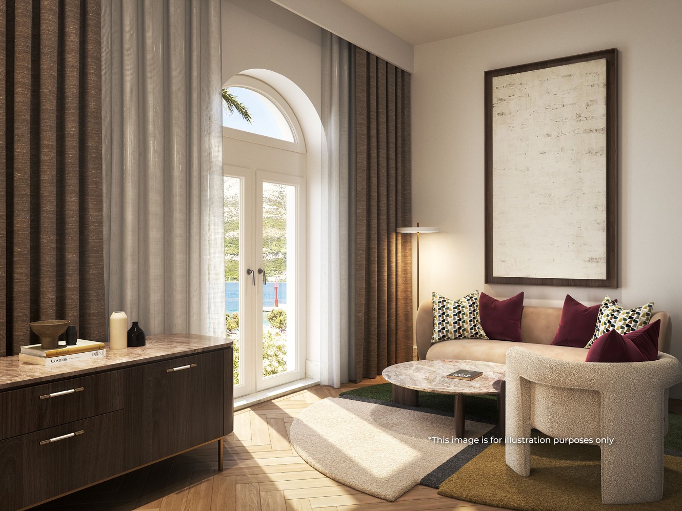 Elegant living area of the Luxury Suite with sea view balcony at Younique Korčula Heritage, featuring comfortable seating and a warm, inviting atmosphere