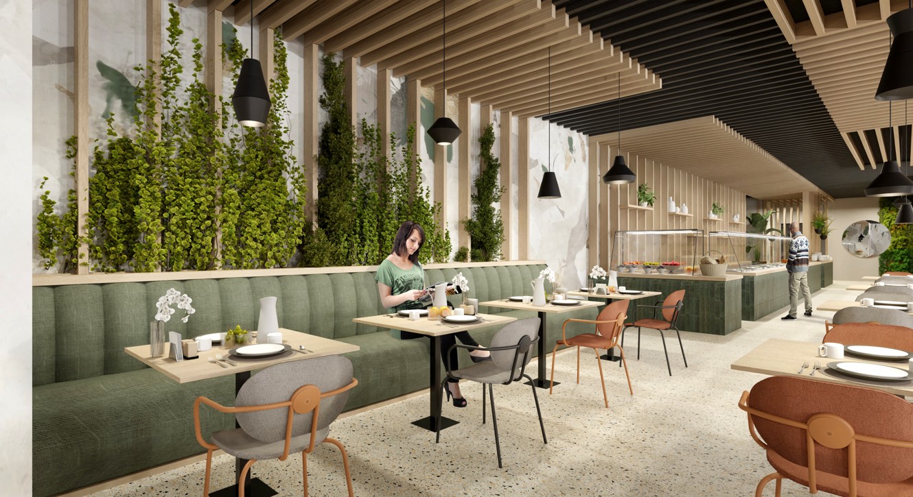 Hotel restaurant interior with green wall and dining tables