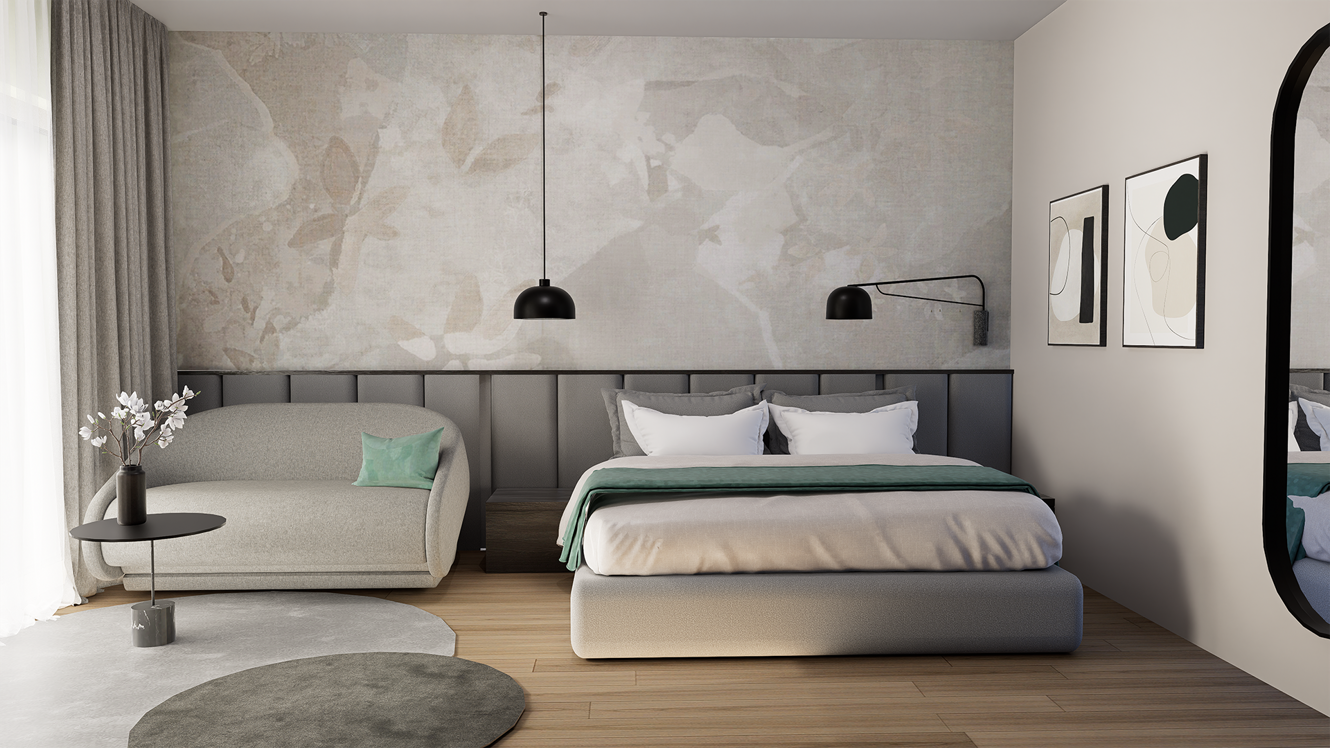 Hotel room interior with modern bed and minimalist design