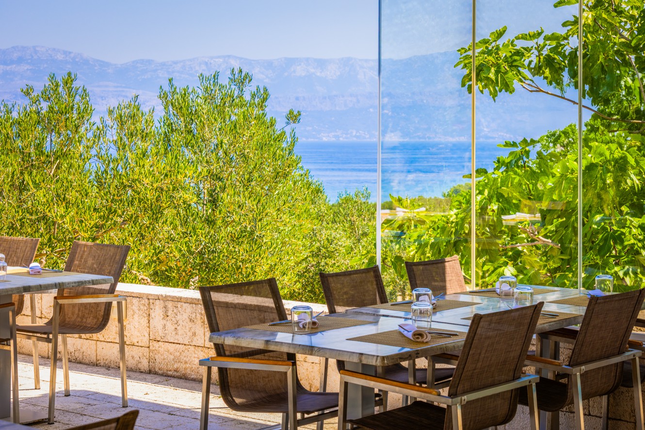 Restaurant terrace with a view of the sea and mountains, Aminess Vival Velaris Resort, Brač