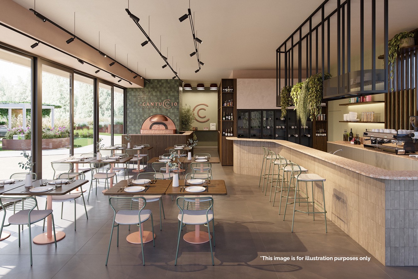 Modern interior of Il Cantuccio restaurant at an Aminess resort featuring a warm Mediterranean atmosphere, open kitchen and elegant dining area