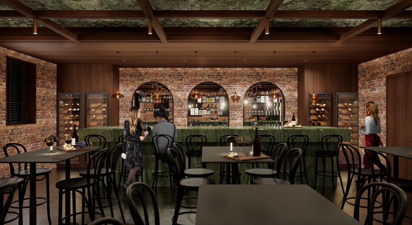 Hotel wine bar interior with wooden ceiling and wine shelves
