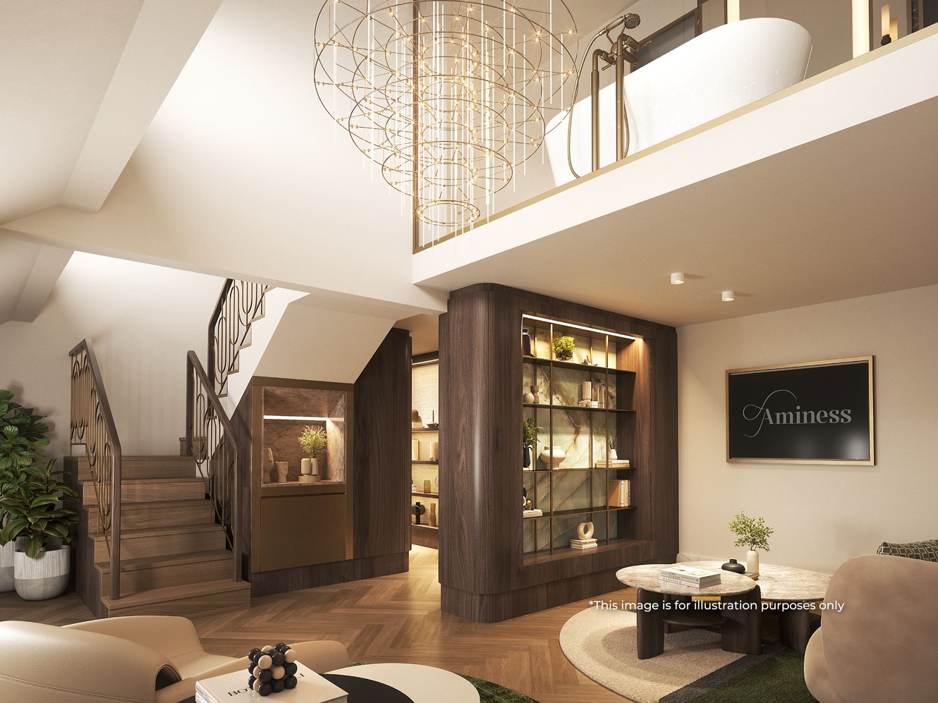 Spacious living area of the Deluxe Duplex Suite with sea view at Younique Korčula Heritage, featuring an elegant staircase and refined design