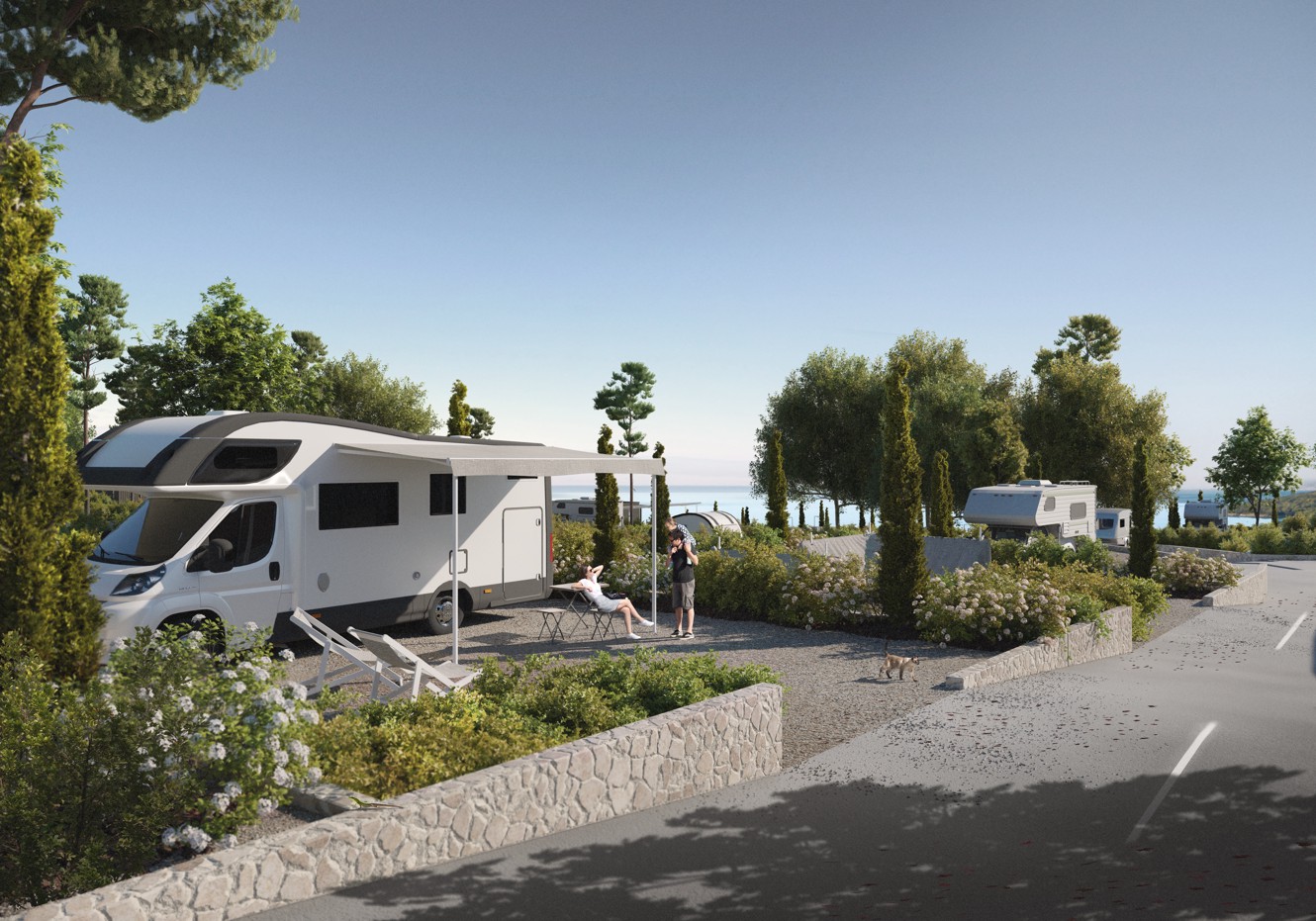Premium Poolblick-Stellplatz im Aminess Style Camping Atea Resort, mit einem Wohnmobil, das inmitten üppiger Vegetation und Steinwegen geparkt ist.