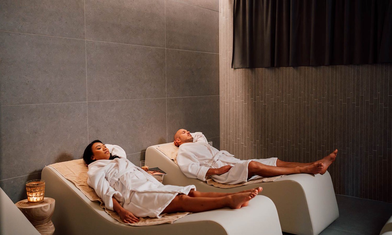 Couple enjoying relax room in wellness at Aminess Style Camping Avalona resort.