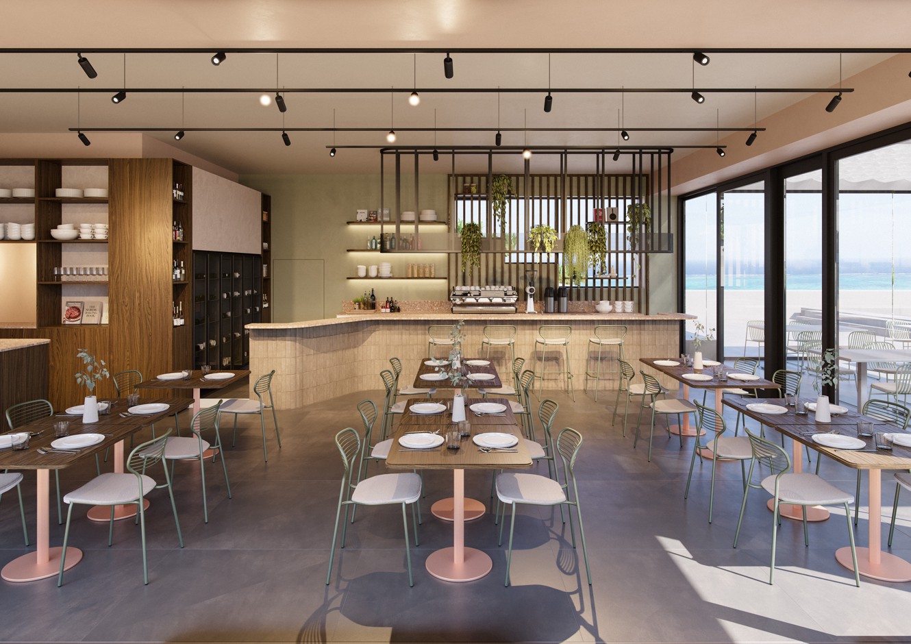 Interno del ristorante Il Cantuccio con bar moderno, sala elegante e atmosfera mediterranea rilassata