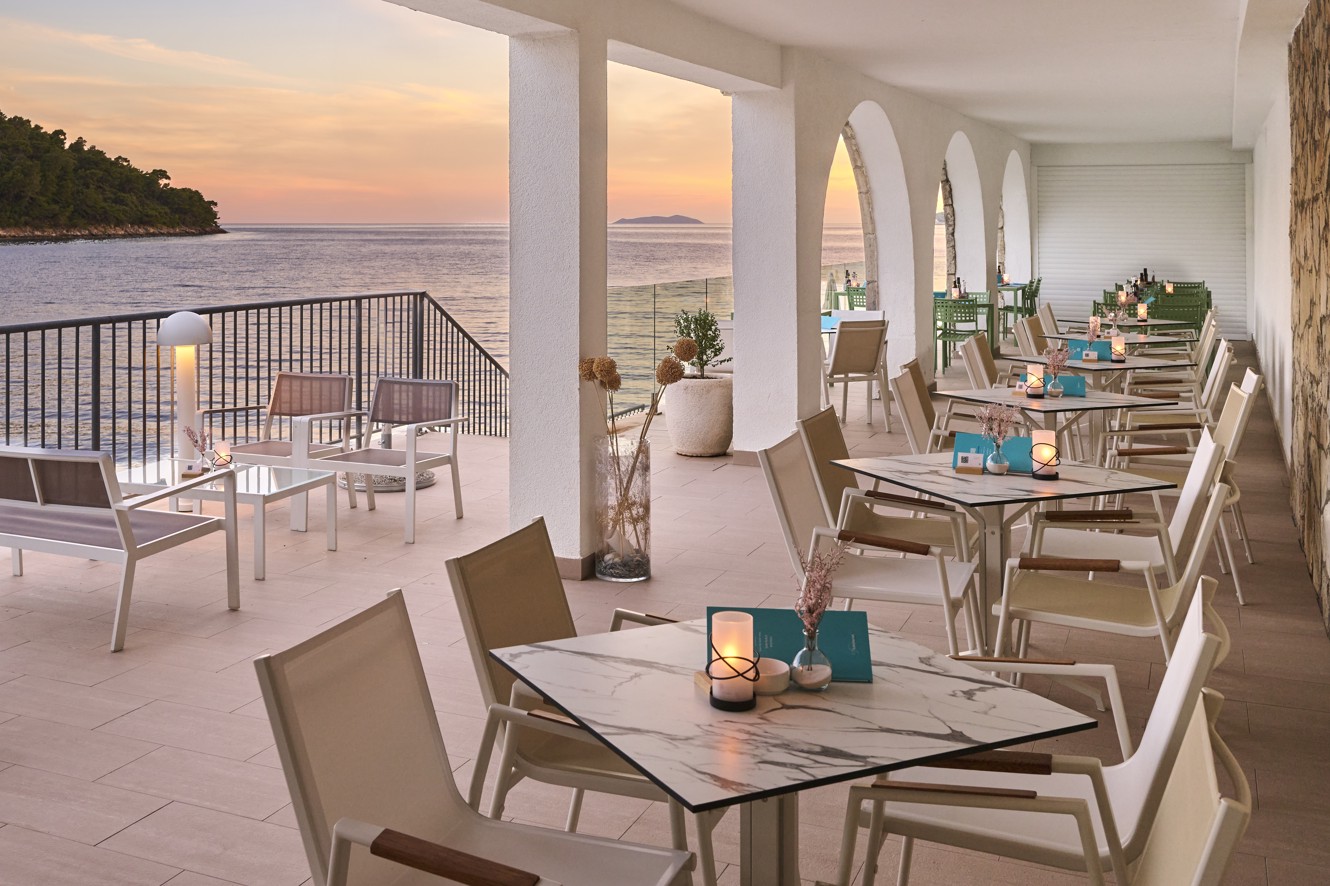Modern yet traditional ambiance of a small, cozy, island waterfront at Aminess Younique Lume Hotel in Croatia.