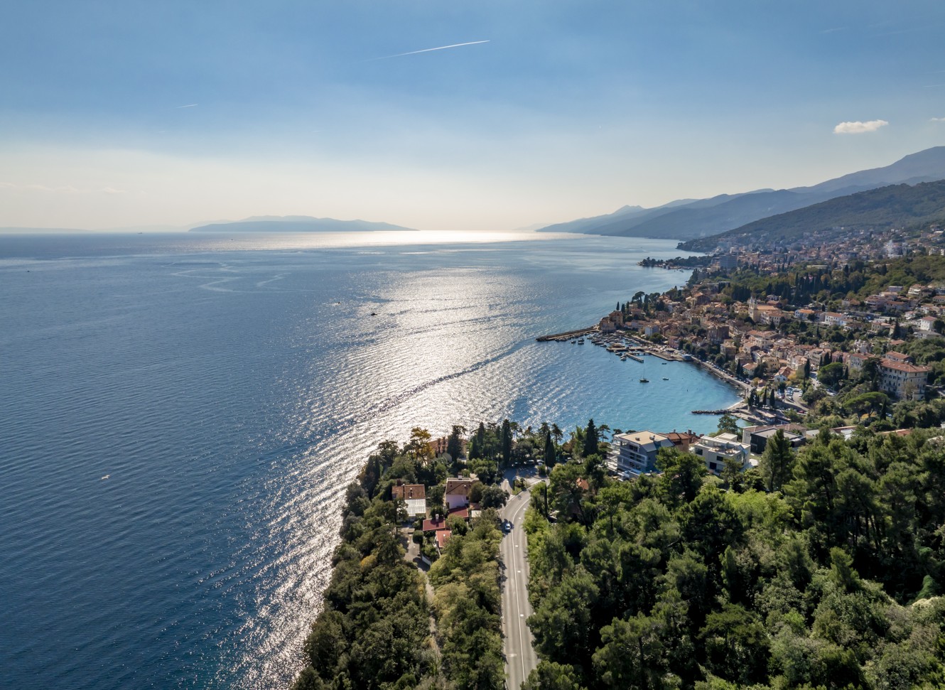 Panoramic aerial view of Volosko and Opatija along the Adriatic coast