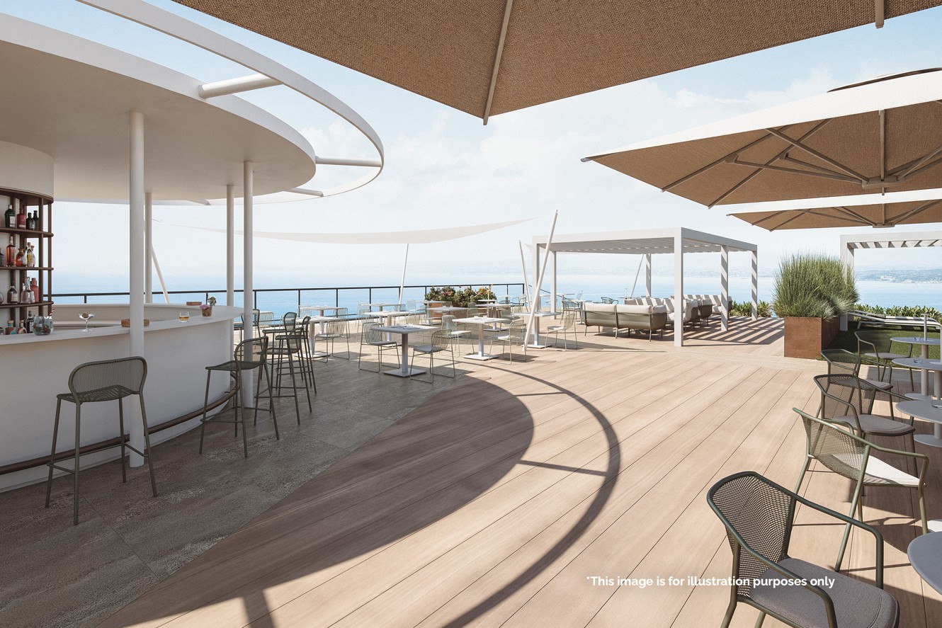 Rooftop terrace of Il Cantuccio restaurant and bar with lounge seating, sun shades and open sea views