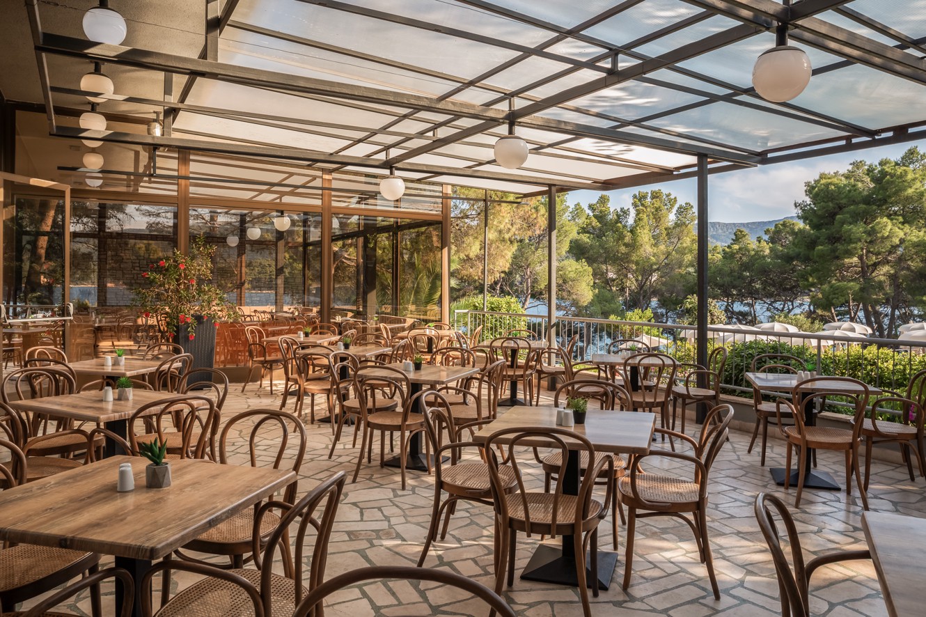 Terrace of Restaurant Unico at Aminess Younique Senses Resort on Hvar Island with sea view