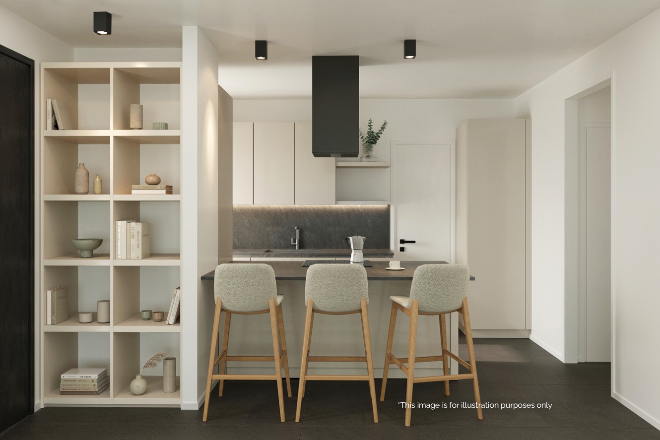 Family apartment at Younique Vollo Residence for 4 persons with balcony, modern living area with kitchen and dining space