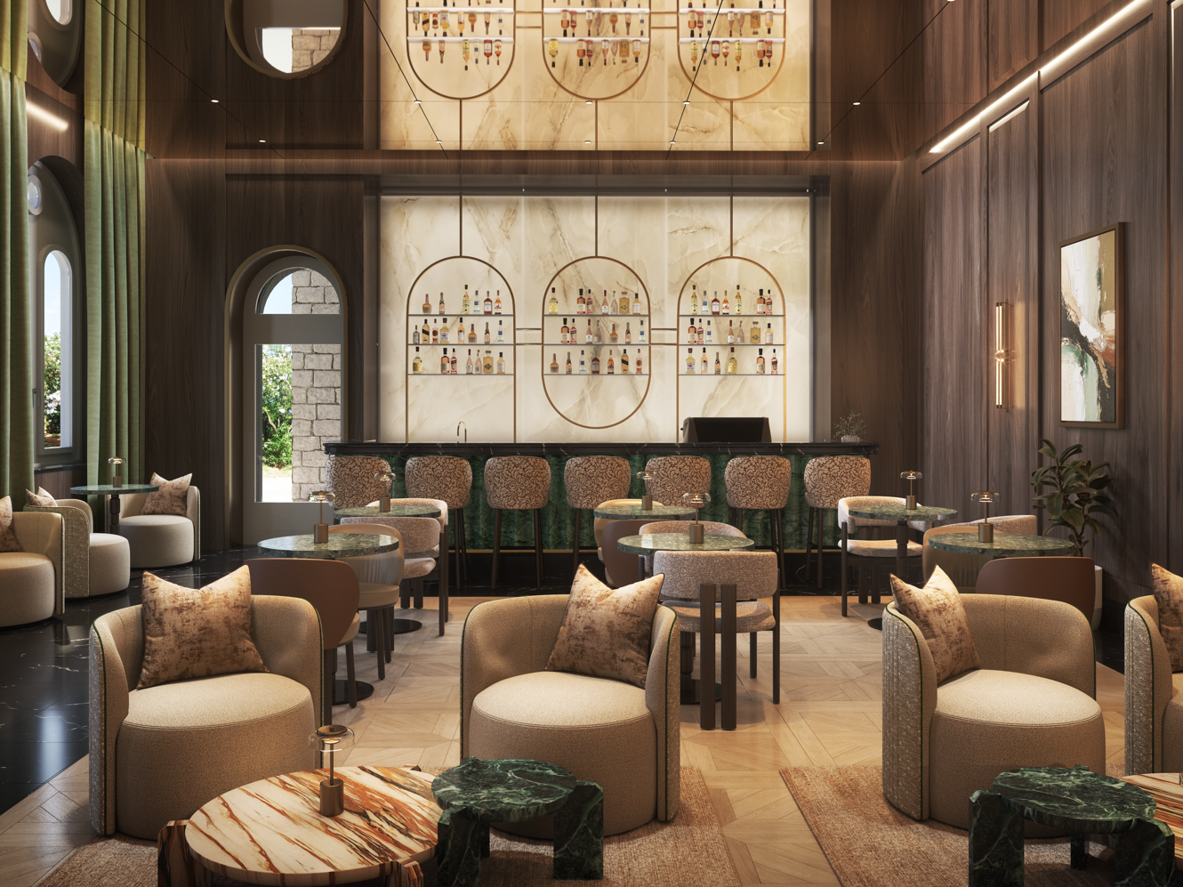 Refined interior of Younique Korčula Heritage Bar with elegant lounge seating, a designer bar and a warm, inviting atmosphere