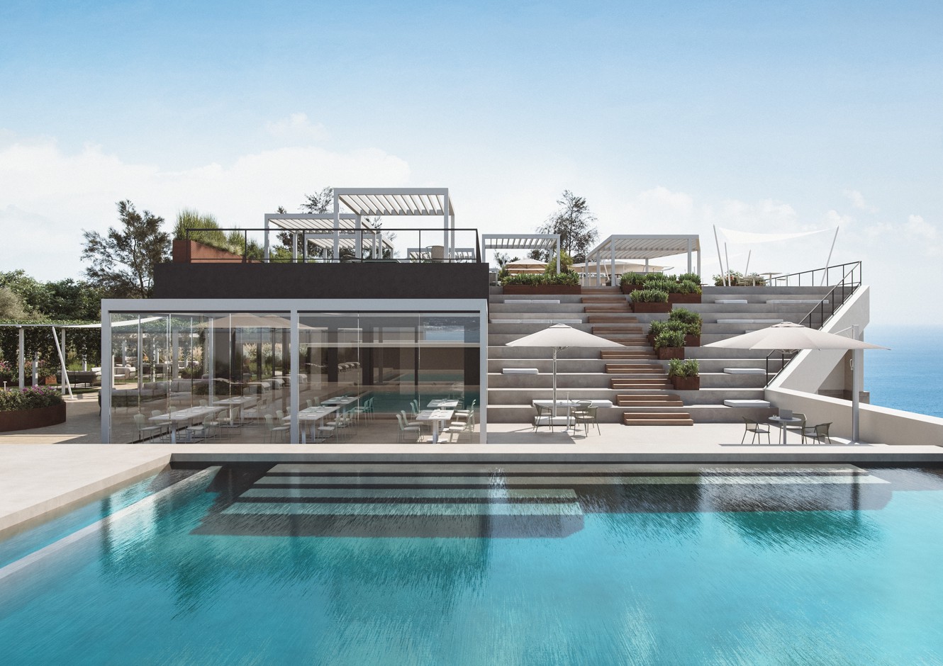 Piscina infinity all’aperto con terrazze e area lounge moderna in un contesto resort con vista mare