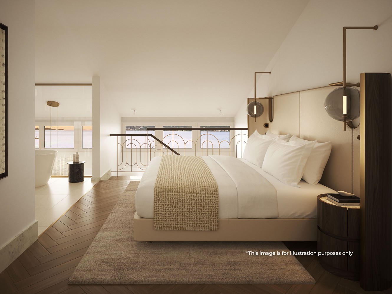 Elegant bedroom of the Deluxe Duplex Suite at Younique Korčula Heritage featuring a king-size bed, contemporary design and a sea view