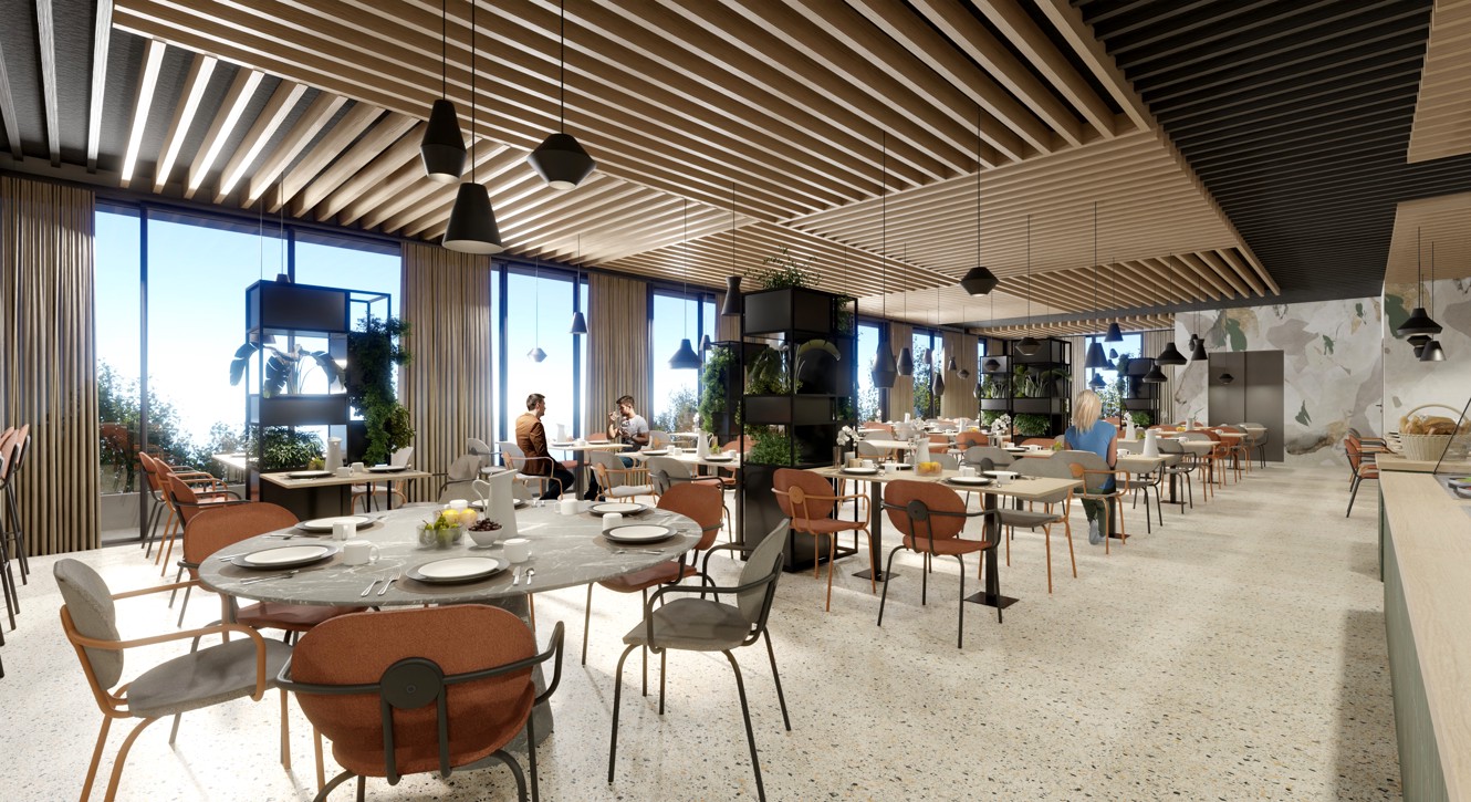 Modern hotel restaurant interior with large windows and dining tables