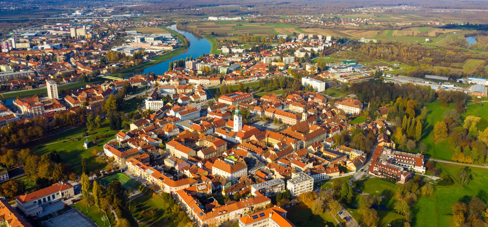 Aerial view of Karlovac old town Zvijezda surrounded by rivers and nature